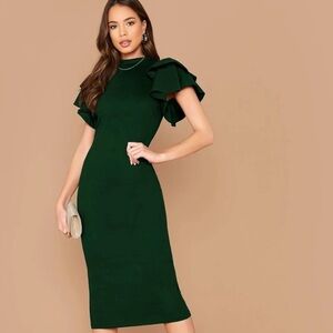 Green ruffle sleeve pencil fitted midi dress